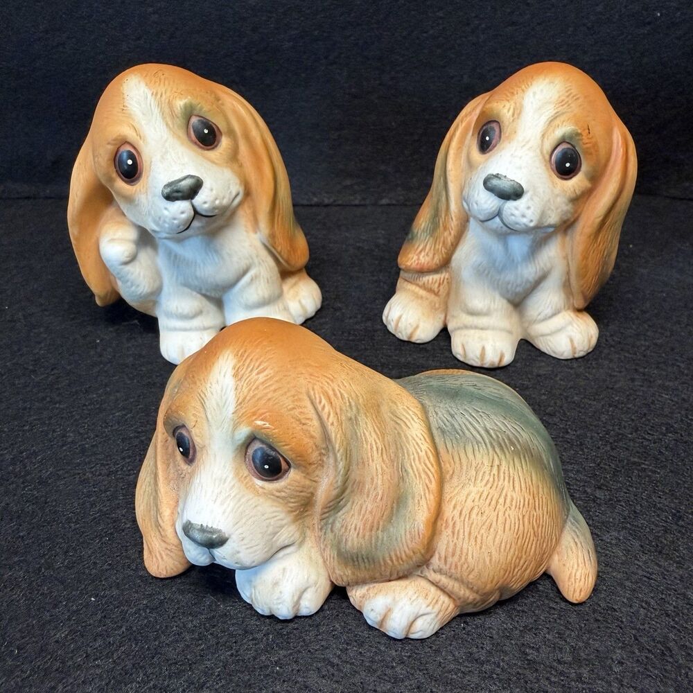 Vintage Home Interiors Set of 3 Porcelain Basset Hound Puppies